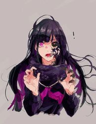  ! 1girl black_hair black_sclera claws cropped_torso fangs fate/grand_order fate_(series) koha-ace oryou_(fate) pink_eyes sailor_collar scales scarf sketch 