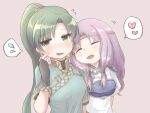  2girls black_gloves blush breastplate closed_eyes earrings fingerless_gloves fire_emblem fire_emblem:_rekka_no_ken florina gloves green_eyes green_hair heart jewelry long_hair lyndis_(fire_emblem) multiple_girls nintendo open_mouth ponytail purple_hair short_sleeves simple_background spoken_heart upper_body user_rdve5552 