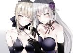  2girls artoria_pendragon_(all) bangs bare_shoulders black_dress black_ribbon blonde_hair breasts cleavage collarbone dress elbow_gloves fate/grand_order fate_(series) flower gloves gothic_lolita hair_bun hair_flower hair_ornament highres jeanne_d&#039;arc_(alter)_(fate) jeanne_d&#039;arc_(fate)_(all) ka1se1 large_breasts lolita_fashion long_hair looking_at_viewer medium_breasts multiple_girls ribbon saber_alter silver_hair simple_background smile strapless strapless_dress upper_body white_background yellow_eyes 