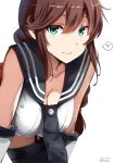  1girl ? bangs bare_shoulders blush braid breasts brown_hair cleavage closed_mouth commentary_request gloves green_eyes hair_between_eyes hanging_breasts highres kantai_collection large_breasts leaning_forward lolicept long_hair looking_at_viewer necktie noshiro_(kantai_collection) red_skirt sailor_collar school_uniform serafuku simple_background skirt smile solo spoken_question_mark swept_bangs thigh-highs thighs twin_braids white_background white_gloves 