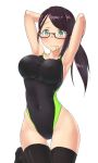  1girl aimobake armpits arms_behind_head arms_up bespectacled black-framed_eyewear black_hair black_legwear black_swimsuit breasts collarbone commentary_request covered_navel cowboy_shot glasses gluteal_fold green_eyes highres idolmaster idolmaster_cinderella_girls long_hair medium_breasts mouth_hold rubber_band semi-rimless_eyewear simple_background solo swimsuit thigh-highs under-rim_eyewear white_background yamato_aki 