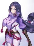  arm_guards bangs black_gloves bodysuit breasts closed_mouth covered_navel curvy fate/grand_order fate_(series) fingerless_gloves from_above gloves large_breasts loincloth long_hair looking_at_viewer low-tied_long_hair minamoto_no_raikou_(fate/grand_order) parted_bangs purple_bodysuit purple_hair ribbed_sleeves rope sakanasoko smile tabard very_long_hair violet_eyes 