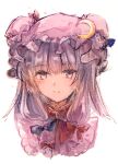  1girl bangs blue_bow blush bow commentary_request crescent crescent_moon_pin eyebrows_visible_through_hair hair_between_eyes hair_bow hat hat_bow long_hair looking_at_viewer lowres mob_cap mom_bolo patchouli_knowledge portrait purple_hair purple_hat red_bow sidelocks simple_background sketch smile solo touhou violet_eyes white_background 