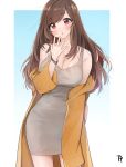  1girl :o bangs bare_shoulders blue_background blush breasts brown_hair cleavage coat collarbone contrapposto cowboy_shot dress eyebrows_visible_through_hair fpanda gradient gradient_background grey_dress head_tilt highres idolmaster idolmaster_shiny_colors large_breasts long_hair long_sleeves looking_at_viewer off_shoulder open_clothes open_coat open_mouth orange_coat red_eyes signature sleeves_past_fingers sleeves_past_wrists solo swept_bangs tareme tsukioka_kogane wristband 