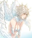  1girl ahoge angel angel_wings blue_eyes breasts cleavage closed_mouth eyebrows_visible_through_hair feathers grey_hair highres makimura_shunsuke original pink_lips short_hair simple_background solo turtleneck upper_body white_background white_wings wings 