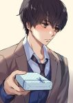  1boy black_hair blush box brown_eyes commentary gift gift_box gin_(oyoyo) giving male_focus necktie original school_uniform simple_background solo white_day 