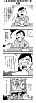  ! &gt;_&lt; 3girls 4koma :3 arms_up bangs bkub blunt_bangs blush calimero_(bkub) chakapi city clenched_hand closed_eyes comic confetti crowd emphasis_lines flying_sweatdrops formal greyscale halftone highres holding holding_paper honey_come_chatka!! monochrome multiple_girls news open_mouth paper raised_fists shaded_face shirt short_hair shouting simple_background speech_bubble spoken_exclamation_mark suit sweatdrop talking translation_request two-tone_background 