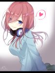 1girl bangs blue_eyes blue_sweater blush breasts closed_mouth commentary_request eyebrows_visible_through_hair eyes_visible_through_hair go-toubun_no_hanayome green_skirt hair_over_one_eye head_tilt headphones headphones_around_neck heart highres letterboxed looking_at_viewer looking_to_the_side medium_breasts nakano_miku pleated_skirt ramchi signature skirt smile solo spoken_heart sweater 