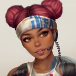  1girl apex_legends backpack bag blurry brown_eyes close-up commentary dark_skin double_bun eyeshadow face facing_viewer freckles headband headset lifeline_(apex_legends) lips looking_to_the_side makeup parted_lips redhead short_hair signature simple_background solo tattoo umigraphics white_background 