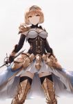  &gt;:( 1girl absurdres armor armored_boots arms_at_sides black_gloves blue_hairband boots breasts brown_eyes brown_hair cleavage closed_mouth commentary covered_navel detached_collar djeeta_(granblue_fantasy) elbow_gloves english_commentary faulds feet_out_of_frame gloves granblue_fantasy grey_background hairband highres holding holding_sword holding_weapon legs_apart looking_at_viewer medium_breasts mengo pauldrons serious short_hair shoulder_armor simple_background skirt solo standing strapless sword thigh-highs thighhighs_under_boots vambraces weapon white_skirt zettai_ryouiki 