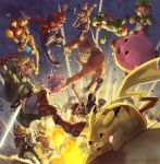  1girl 6+boys absurdres baseball_cap black_eyes body_armor boots brown_footwear captain_falcon commentary creature creatures_(company) donkey_kong donkey_kong_(series) edo-sama english_commentary explosion f-zero falling fox_mccloud furry game_freak gen_1_pokemon green_hat hat highres huge_filesize jigglypuff jumping kirby kirby_(series) link luigi lying mario super_mario_bros. metroid mother_(game) mother_2 multiple_boys multiple_sources necktie ness nintendo on_stomach overalls pikachu pokemon pokemon_(creature) red_hat red_neckwear samus_aran star_fox super_mario_bros. super_smash_bros. tears the_legend_of_zelda the_legend_of_zelda:_ocarina_of_time yoshi 