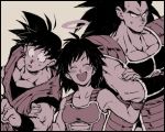  1girl 2boys :d ^_^ armor bare_arms bare_shoulders black_border black_hair border breasts brothers closed_eyes closed_eyes dougi dragon_ball dragon_ball_super_broly dragonball_z fingernails frown gine halo happy height_difference komebeimai locked_arms long_hair looking_away medium_breasts monochrome mother_and_son multiple_boys muscle nervous open_mouth raditz short_hair siblings simple_background smile son_gokuu spiky_hair surprised sweatdrop upper_body wide-eyed wristband 