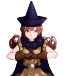  1girl alena_(dq4) belt breasts brown_hair cape closed_mouth commentary_request curly_hair dragon_quest dragon_quest_iv gloves hat long_hair looking_at_viewer red_eyes redhead simple_background skirt solo white_background yellow_skirt 