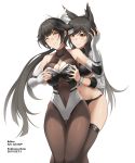  2girls ;( animal_ears ark_john_up artist_name atago_(azur_lane) azur_lane bangs bare_shoulders bikini black_bikini black_hair black_legwear blunt_bangs blush bodystocking bow breast_grab breasts center_opening cleavage cleavage_cutout closed_mouth collarbone covered_navel dated elbow_gloves eyebrows_visible_through_hair flipped_hair gloves grabbing grabbing_from_behind grey_leotard hair_bow hand_on_another&#039;s_head highres large_breasts leotard long_hair long_sleeves looking_at_viewer mole mole_under_eye multiple_girls navel orange_eyes racequeen simple_background skindentation smile sweat swept_bangs swimsuit takao_(azur_lane) thigh-highs thigh_gap under_boob very_long_hair white_background white_bow white_gloves wrist_cuffs yellow_eyes yuri 