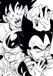  3boys :d armor black_eyes black_hair close-up commentary_request dragon_ball dragon_ball_super_broly dragonball_z embarrassed face fingernails frieza gloves highres lee_(dragon_garou) looking_at_viewer looking_away male_focus monochrome multiple_boys nervous ok_sign open_mouth short_hair simple_background single_glove smile son_gokuu spiky_hair sweatdrop upper_body vegeta white_background white_gloves 