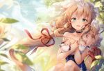  1girl absurdres azur_lane bangs bare_shoulders blonde_hair blush breasts collar collarbone cross day eyebrows_visible_through_hair green_eyes hands_up highres huge_filesize jewelry le_temeraire_(azur_lane) looking_at_viewer medium_breasts open_mouth outdoors riichu ring scan sitting smile solo 