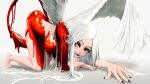 angel_wings black_nails breasts character_request destiny_child dripping fang feet fingernails highres hiragana_(gomasyabu) liquid long_hair nail_polish open_mouth sharp_fingernails shiny simple_background spikes tail white_background white_hair white_wings wings yellow_eyes 