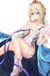  1girl :o bare_legs bare_shoulders blonde_hair blue_cape blue_eyes blue_ribbon blush boots breasts cape center_opening cleavage collarbone crown europa_(granblue_fantasy) flower gem granblue_fantasy hair_between_eyes hair_flower hair_ornament hand_up highres knee_up large_breasts looking_at_viewer parted_lips ria_(riarea00) ribbon short_hair sidelocks simple_background solo thighs white_background white_footwear yellow_flower 