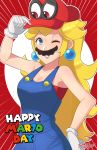  1girl artist_name bare_arms bare_shoulders blonde_hair blue_earrings blue_eyes blue_overalls breasts cappy_(mario) cleavage cosplay earrings facial_hair gloves hat jewelry large_breasts long_hair super_mario_bros. mustache nintendo no_bra one_eye_closed open_mouth overalls possessed princess princess_peach red_background red_shirt sarukaiwolf shirt smile super_mario_bros. super_mario_odyssey undershirt white_gloves 
