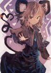  1girl absurdres animal_ears bangs black_dress capelet cowboy_shot dress grey_hair hair_between_eyes heart heart_tail highres kaamin_(mariarose753) looking_at_viewer mouse_ears mouse_tail nazrin outstretched_arm purple_background red_eyes ribbon solo tail tail_ribbon touhou 