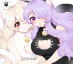  2girls alternate_costume animal_ears bell breasts camilla_(fire_emblem_if) cat_cutout cat_ears cat_tail cleavage cleavage_cutout female_my_unit_(fire_emblem_if) fire_emblem fire_emblem_if hair_over_one_eye hand_holding large_breasts long_hair multiple_girls my_unit_(fire_emblem_if) nintendo open_mouth plushcharm purple_hair red_eyes simple_background sleeveless tail twitter_username violet_eyes white_background white_hair 