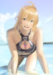  1girl :d all_fours antenna_hair bangs bare_shoulders bikini black_bikini blonde_hair blue_sky breasts cleavage cleavage_cutout clouds cute day eyebrows_visible_through_hair fiorun green_eyes hair_between_eyes hair_intakes highres kilye_4421 legs_apart long_hair medium_breasts navel nintendo open_mouth outdoors partially_submerged sky smile solo swimsuit teeth water xenoblade_(series) xenoblade_1 