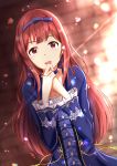  1girl :d blue_dress blurry blurry_background bow choker dress eyebrows_visible_through_hair hair_bow highres idolmaster idolmaster_million_live! long_hair long_sleeves looking_at_viewer open_mouth print_sleeves purple_bow red_eyes redhead shiny shiny_hair smile so_korokoro solo sunlight tanaka_kotoha upper_body very_long_hair 