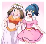  2girls :d ;) blue_eyes blue_hair bow brown_hair choker collarbone creatures_(company) crop_top dress eyebrows_visible_through_hair game_freak hair_ornament hairclip hand_on_another&#039;s_shoulder haruka_(pokemon) high_ponytail highres hikari_(pokemon) long_hair long_skirt looking_to_the_side low-tied_long_hair midriff multiple_girls navel nintendo one_eye_closed open_mouth pink_dress pokemon pokemon_(anime) pokemon_ag pokemon_dp_(anime) red_bow shiny shiny_hair short_dress short_sleeves simple_background skirt smile standing stomach white_background white_skirt yuihiko 