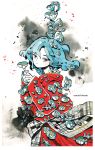  1girl artist_name blue_eyes blue_flower blue_hair braid cowboy_shot expressionless eyebrows_visible_through_hair flower from_side hair_between_eyes holding holding_flower leaf long_sleeves looking_at_viewer maruti_bitamin medium_hair original solo thorns 