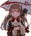  1girl brown_hair character_request commentary_request gothic_lolita grin hair_ribbon highres holding holding_umbrella lolita_fashion long_hair looking_at_viewer magia_record:_mahou_shoujo_madoka_magica_gaiden mahou_shoujo_madoka_magica red_eyes red_ribbon ribbon simple_background smile solo soul_gem umbrella white_background yupiteru 