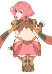  1girl bangs black_gloves closed_mouth eyebrows_visible_through_hair fingerless_gloves from_behind full_body gloves green322 hair_between_eyes hand_up highres pyra_(xenoblade) kneeling looking_at_viewer looking_back nintendo pink_hair pink_shorts red_eyes short_hair short_shorts shorts simple_background smile solo tiara white_background xenoblade_(series) xenoblade_2 
