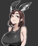  1girl animal_ears bangs black_background black_eyes breasts brown_hair bunny_ayumi highres looking_up medium_hair outline rabbit_ears real_life shirofugu sideboob simple_background smile solo upper_body white_outline 