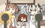  /\/\/\ 3girls abyssal_crane_hime basket brown_hair character_name chocolate_milk closed_eyes commentary_request dated door hamu_koutarou highres ikazuchi_(kantai_collection) kantai_collection long_hair multiple_girls mutsu_(kantai_collection) naked_towel navel nearly_naked_towel open_mouth shinkaisei-kan short_hair smile towel weighing_scale white_hair x_navel 