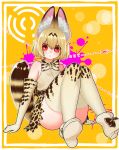  1girl alternate_hair_length alternate_hairstyle animal_ear_fluff animal_ears chromatic_aberration convenient_leg elbow_gloves gloves highres kemono_friends looking_at_viewer notora red_eyes serval_(kemono_friends) short_hair sitting sleeveless solo tail thigh-highs 