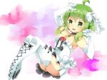  1girl :d ahoge bangs boots bow bowtie breasts choker cleavage clenched_hands cross-laced_footwear dress elbow_gloves frilled_dress frills gloves green_eyes green_hair gumi hair_ribbon hands_up high_heel_boots high_heels looking_at_viewer medium_breasts narugami_yuuhi open_mouth pink_background red_neckwear ribbon short_dress short_hair_with_long_locks smile solo strapless strapless_dress thigh-highs thigh_boots vocaloid white_bow white_footwear white_gloves white_ribbon 