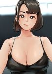  1girl absurdres bangs bare_shoulders black_swimsuit blurry blurry_background breasts brown_eyes brown_hair bunny_ayumi cleavage highres large_breasts looking_at_viewer real_life shirofugu short_hair smile solo swimsuit upper_body 