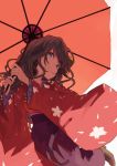  1girl blue_eyes boots brown_footwear brown_hair commentary floral_print from_below hakama_skirt high_heels ichinose_shiki idolmaster idolmaster_cinderella_girls japanese_clothes kimono lips long_hair looking_down oriental_umbrella parasol purple_skirt red_kimono red_umbrella sawarakajin shade skirt smile smirk solo umbrella wavy_hair white_background wide_sleeves 