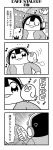  1girl 4koma :3 anger_vein bangs bird bkub blunt_bangs bush calimero_(bkub) closed_eyes comic emphasis_lines greyscale halftone headphones highres holding_bird honey_come_chatka!! jacket monochrome motion_lines musical_note notice_lines shirt short_hair shouting simple_background speech_bubble talking translation_request two-tone_background 