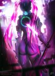  1girl armor ass aurahack backlighting bodysuit commentary cowboy_shot cyberpunk english_text from_behind gun highres hologram lens_flare long_hair original patreon_username pink_hair rain rifle science_fiction skin_tight sniper_rifle solo twintails watermark weapon 