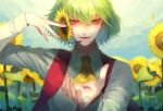  1girl ascot bangs blurry blurry_background clouds cloudy_sky collared_shirt commentary_request day eyebrows_visible_through_hair eyelashes fingernails flower flower_ornament garden_of_the_sun green_hair hair_between_eyes hand_on_headset hand_up headset kazami_yuuka long_sleeves looking_at_viewer music open_clothes open_vest petals pink_lips plaid plaid_vest red_eyes red_vest reflective_eyes shaded_face shiny shiny_hair shirt short_hair singing sky smile solo sunflower sunlight toriguchi touhou upper_body vest wavy_hair white_shirt wind 