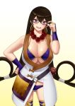  1girl adjusting_eyewear bangs bare_shoulders bead_necklace beads bikini black-framed_eyewear blush breasts bridal_gauntlets brown_hair cleavage collarbone earrings fate/grand_order fate_(series) glasses gonoike_biwa gourd gradient gradient_background hair_between_eyes hand_on_hip hoop_earrings japanese_clothes jewelry kimono large_breasts long_hair looking_at_viewer necklace open_mouth prayer_beads purple_bikini short_kimono sleeveless sleeveless_kimono smile solo swimsuit violet_eyes white_kimono xuanzang_(fate/grand_order) 