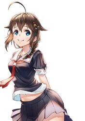  1girl ahoge arms_behind_back black_serafuku black_shirt black_skirt blue_eyes bow braid brown_hair collarbone groin hair_between_eyes hair_bow hair_ornament hair_over_shoulder hairpin highres kantai_collection leaning_forward long_hair looking_at_viewer midriff miniskirt navel pleated_skirt red_bow sailor_collar school_uniform serafuku shigure_(kantai_collection) shiny shiny_hair shirt sho_(sumika) short_sleeves simple_background single_braid skirt smile solo standing stomach white_background white_sailor_collar 