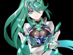  1girl armor bangs black_background breasts commentary crossed_arms earrings elbow_gloves eyebrows_visible_through_hair gem gloves green_eyes green_hair hair_ornament headpiece jewelry large_breasts long_hair looking_at_viewer nintendo pneuma_(xenoblade) ponytail raynartfr simple_background solo spoilers swept_bangs tiara very_long_hair xenoblade_(series) xenoblade_2 