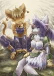  2girls animal_ears armor bell blonde_hair blue_eyes brown_hair cat cat_ears cat_girl cat_tail closed_eyes closed_mouth daena detached_sleeves dragoon earrings eixin eyebrows feathers furry gloves hair_between_eyes highres holding horn jewelry long_hair multiple_girls purple_hair seiken_densetsu seiken_densetsu_4 short_hair sierra sitting skirt slit_pupils smile tail wings wolf_ears wolf_girl yellow_gloves 