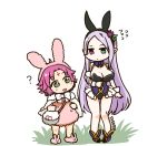  2girls alternate_costume animal_ears artist_name breasts cape cleavage closed_mouth fa facial_mark fake_animal_ears fire_emblem fire_emblem:_fuuin_no_tsurugi fire_emblem_heroes forehead_mark grass green_eyes heterochromia idoun large_breasts leotard long_hair mamkute multiple_girls nintendo open_mouth pointy_ears purple_hair rabbit_ears short_hair simple_background sksk7r standing violet_eyes white_background 