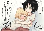  &gt;_&lt; 2girls bags_under_eyes black_hair blonde_hair blush commentary_request d: green_eyes gym_shirt hand_on_another&#039;s_head hand_on_another&#039;s_shoulder hug kuroki_tomoko meis_(terameisu) multiple_girls open_mouth pants ponytail red_pants shirt short_hair sweat tears track_pants translation_request uchi_emiri watashi_ga_motenai_no_wa_dou_kangaetemo_omaera_ga_warui! white_shirt 