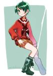  1girl artist_name bangs black_legwear boots brown_shorts commentary_request cross-laced_footwear full_body green_eyes green_hair kantai_collection kneehighs lace-up_boots long_sleeves looking_at_viewer mogami_(kantai_collection) mogamiya_honu red_shirt school_uniform serafuku shirt short_hair shorts sitting smile solo swept_bangs two-tone_background 