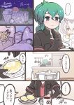  4girls black_gloves chair comic cup food gloves green_hair japari_bun japari_symbol kaban_(kemono_friends) kemono_friends kitchen kyururu_(kemono_friends) long_hair multiple_girls night northern_white-faced_owl_(kemono_friends) serval_(kemono_friends) sleeping spoon table tanaka_kusao teacup translation_request 