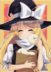  black_dress blush carrying_bag closed_eyes dress food grin happy hat hat_ribbon highres holding holding_food kirisame_marisa long_hair puffy_short_sleeves puffy_sleeves ribbon shirt short_sleeves smile touhou upper_body user_pgdy8837 white_ribbon white_shirt witch witch_hat 
