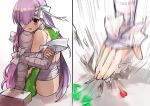  1girl 2koma bandage bandage_over_one_eye bandaged_arm bandaged_leg bandages bongo_cat comic fate/grand_order fate_(series) giantess kingprotea long_hair mojimi_moji moss motion_lines open_mouth purple_hair simple_background sitting solo twitter very_long_hair violet_eyes white_background 